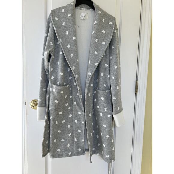Ivory Ella Bathrobe Grey Belted Pockets Elephants Plush Soft Size Medium - Picture 1 of 4